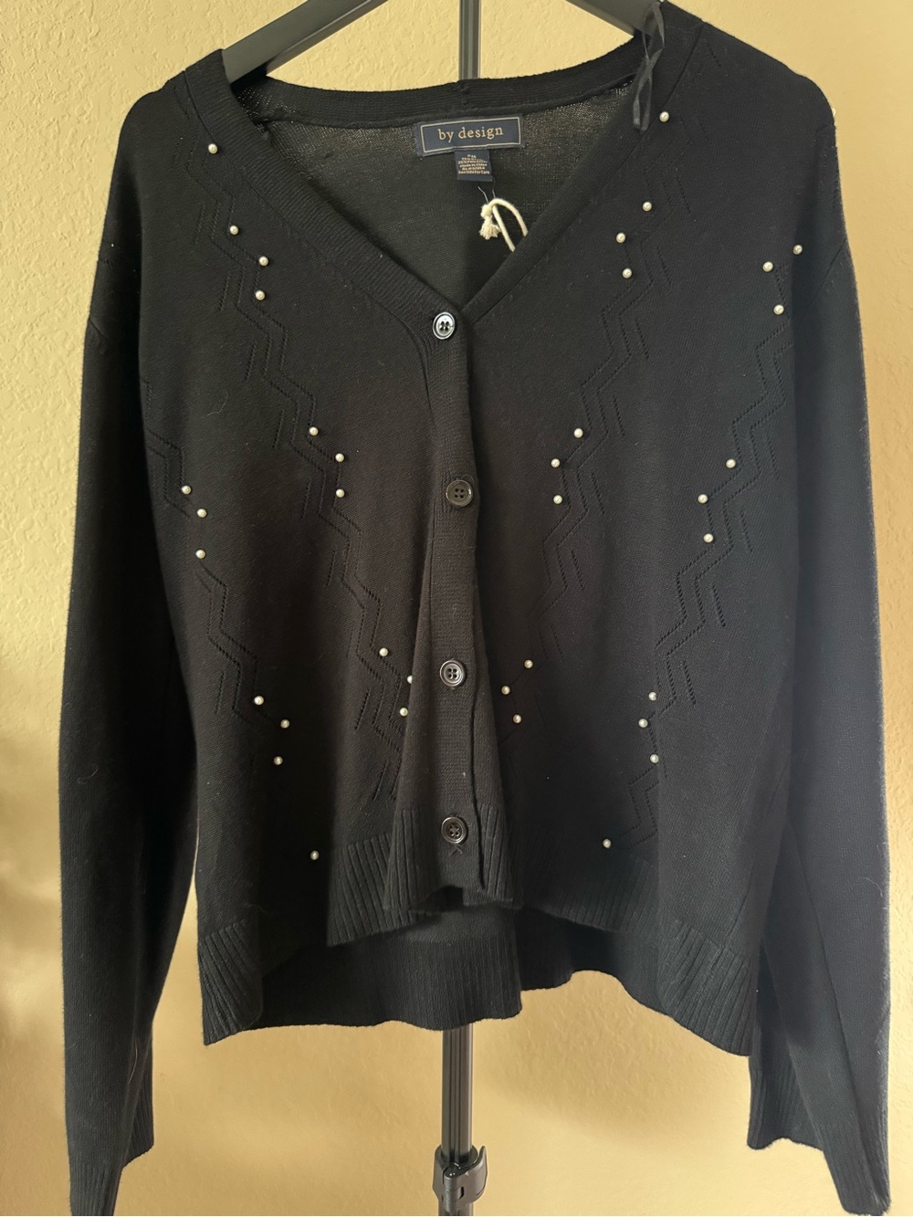 By Design Black Pearl-Accent V-Neck Cardigan